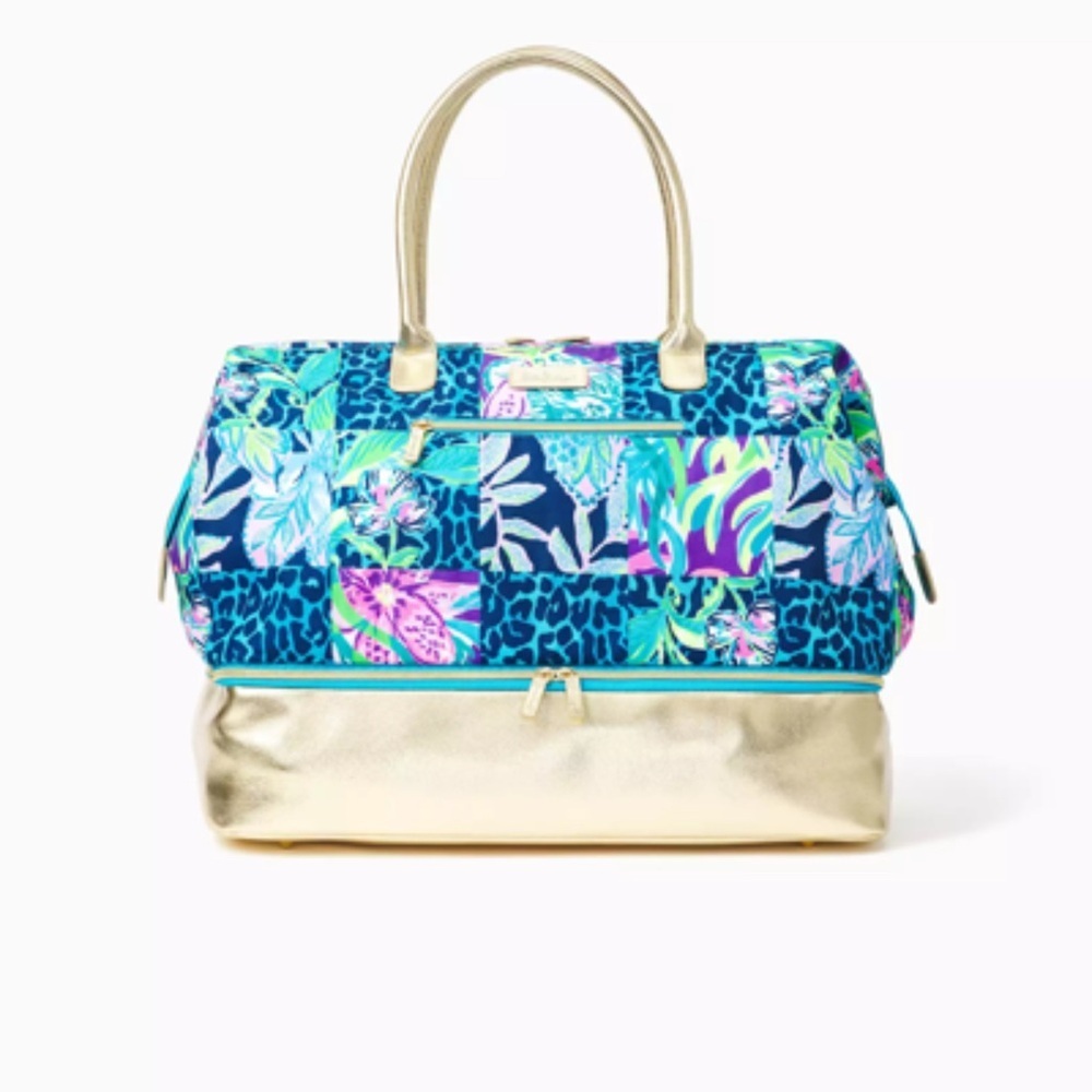 Lilly Pulitzer Blue Teal Floral Patchwork Travel Bag with Gold Base